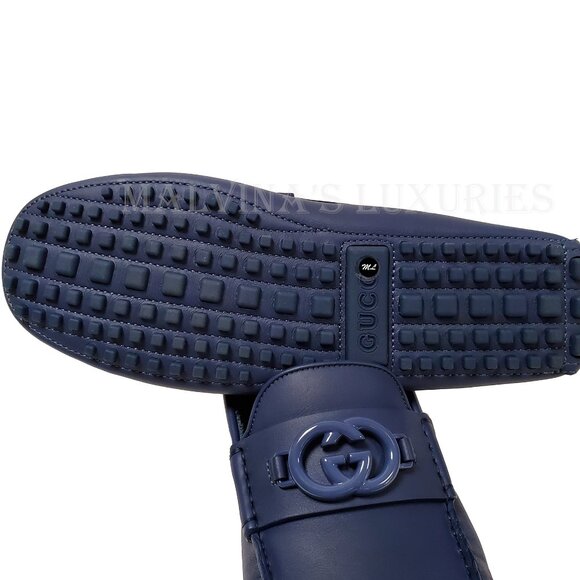 GUCCI SHOES MENS LOAFERS MOCCASINS G LOGO BLUE LEATHER - Picture 13 of 16